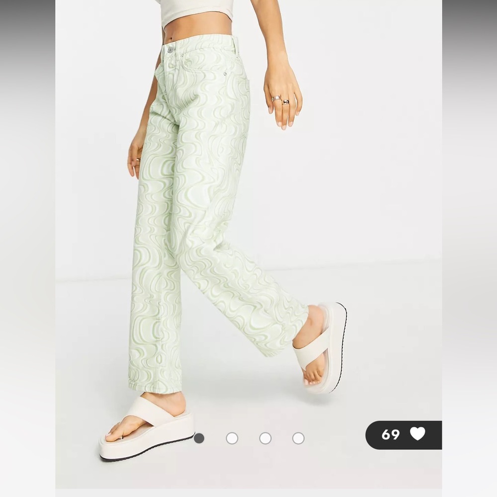 ASOS DESIGN Petite mid rise '90s' straight leg jean in green swirl print